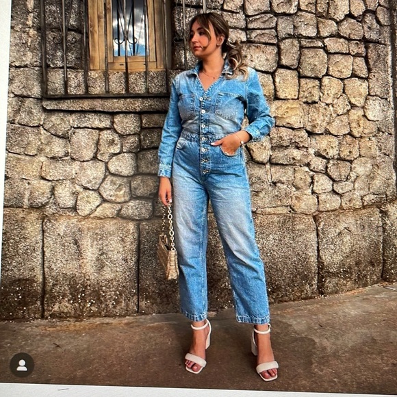 Zara denim jumpsuit with button front flare ankle - Picture 3 of 10